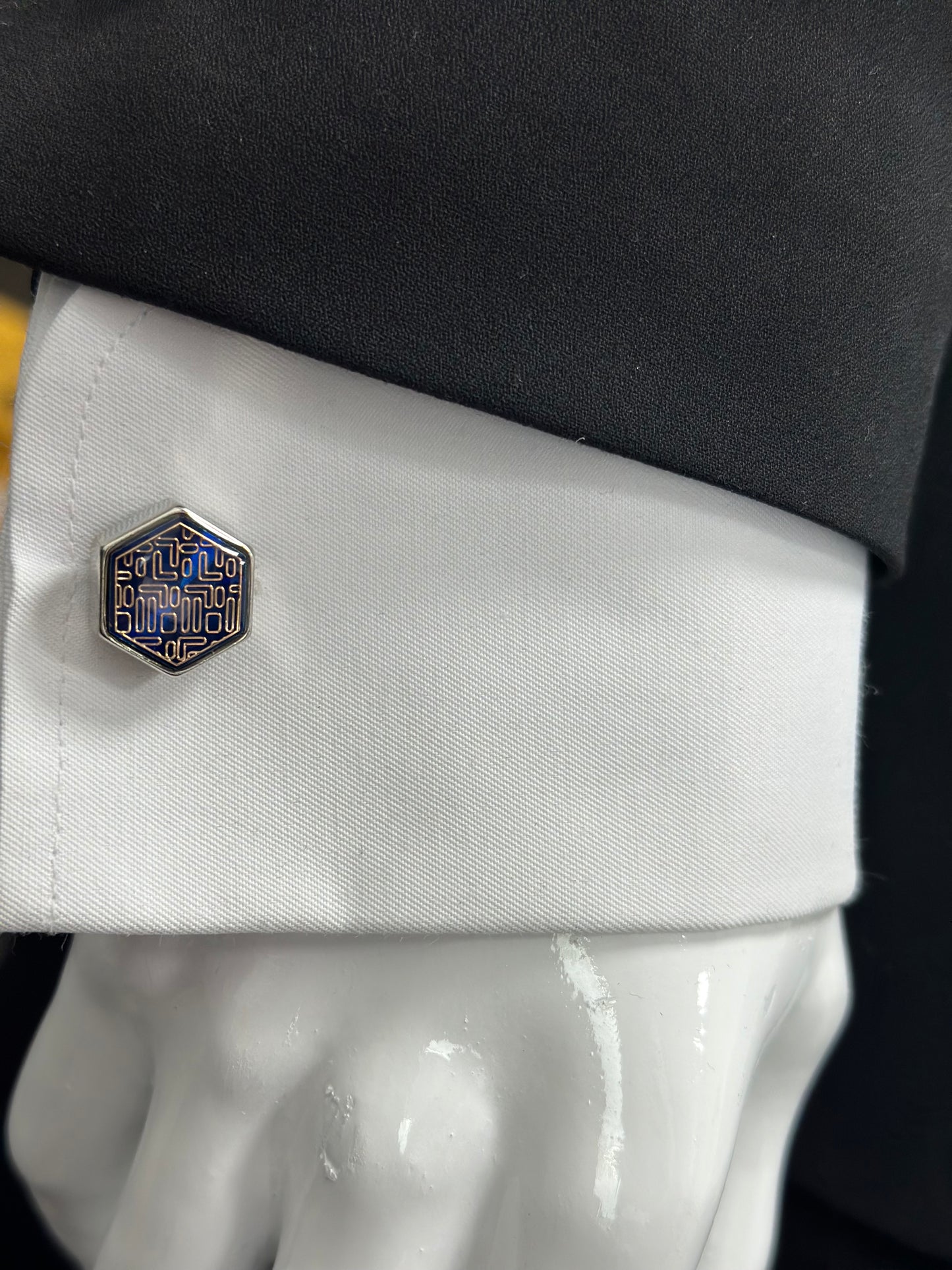 Pentagon Istanbul Fashion Cufflinks - Silver Exterior with Royal Blue and Silver Blend Interior - 5