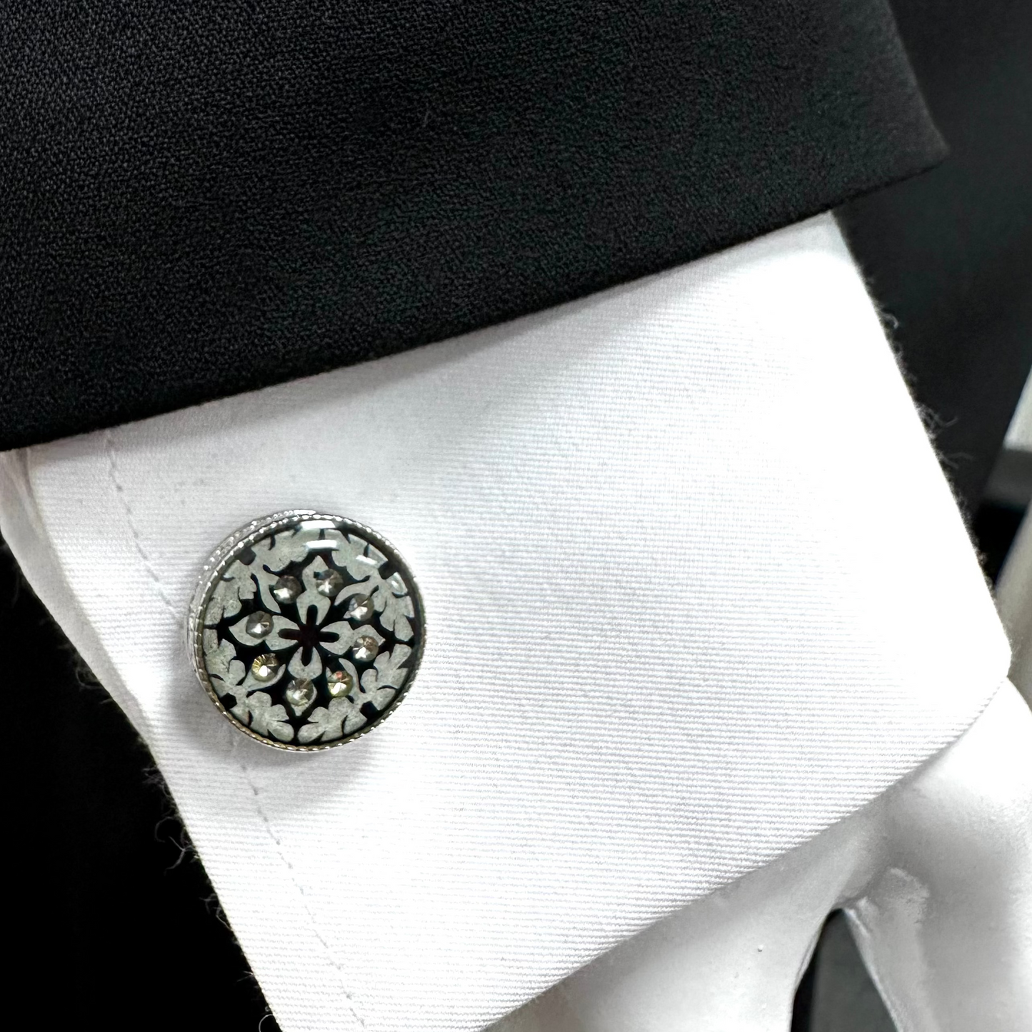 Round Bold Istanbul Fashion Cufflinks - Silver with Black and Dimond Details - 11
