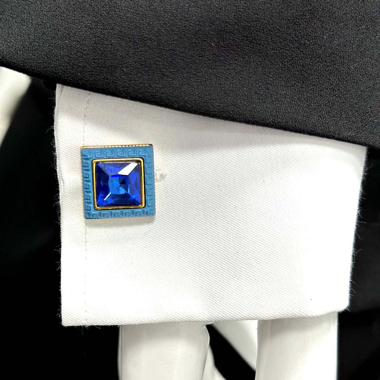 Stylish Gold Squared Detailed with Blue Diamonds - Istanbul Fashion Cufflinks - 72
