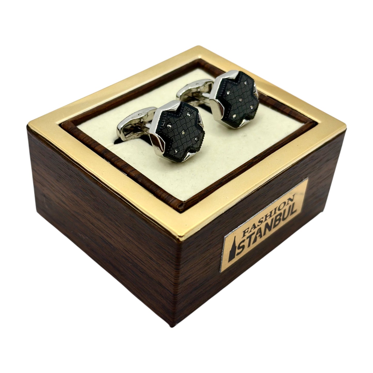 Octagon Crossed Istanbul Fashion Cufflinks - Silver with Black Details -9