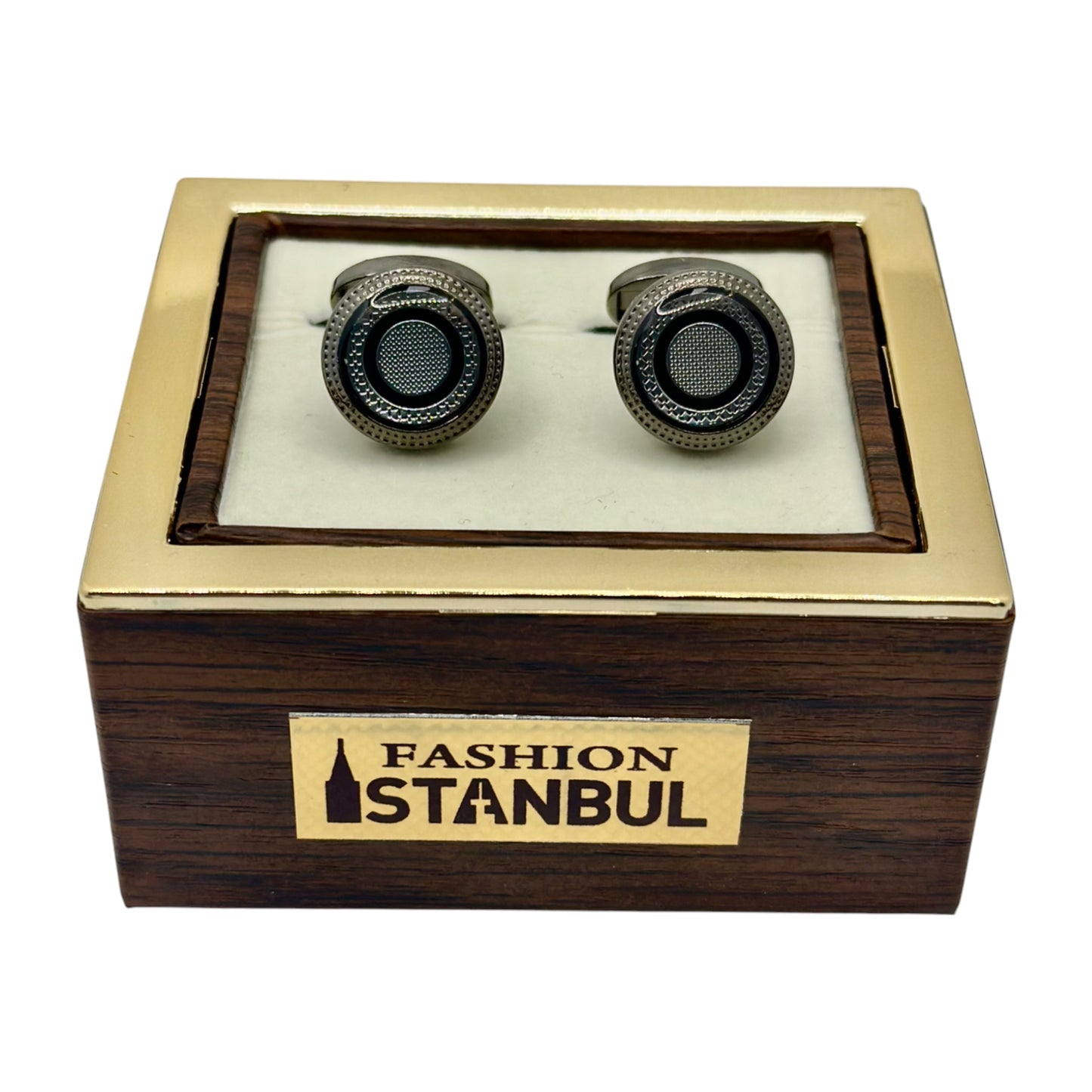 Glossy Black Round Round Istanbul Fashion Cufflinks Detailed with Black and Shiny Silver - 31