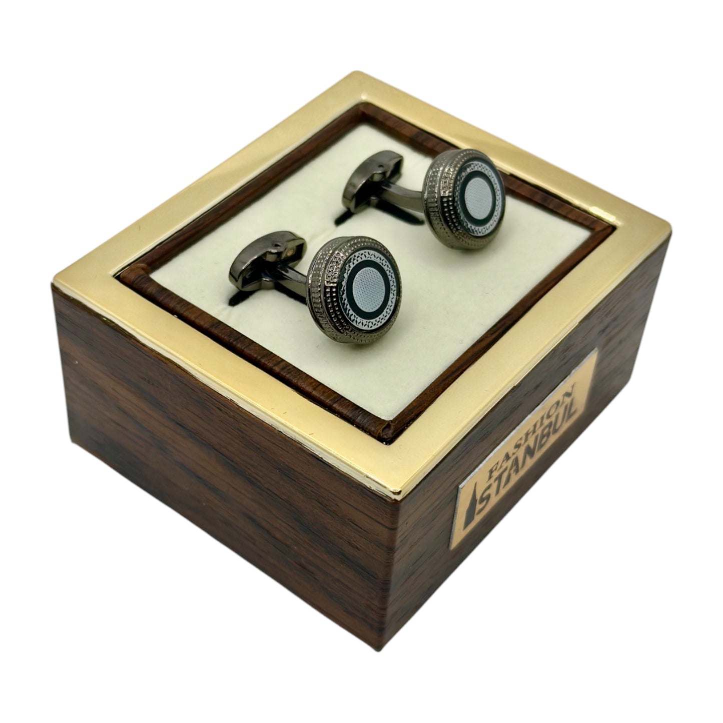 Glossy Black Round Round Istanbul Fashion Cufflinks Detailed with Black and Shiny Silver - 31