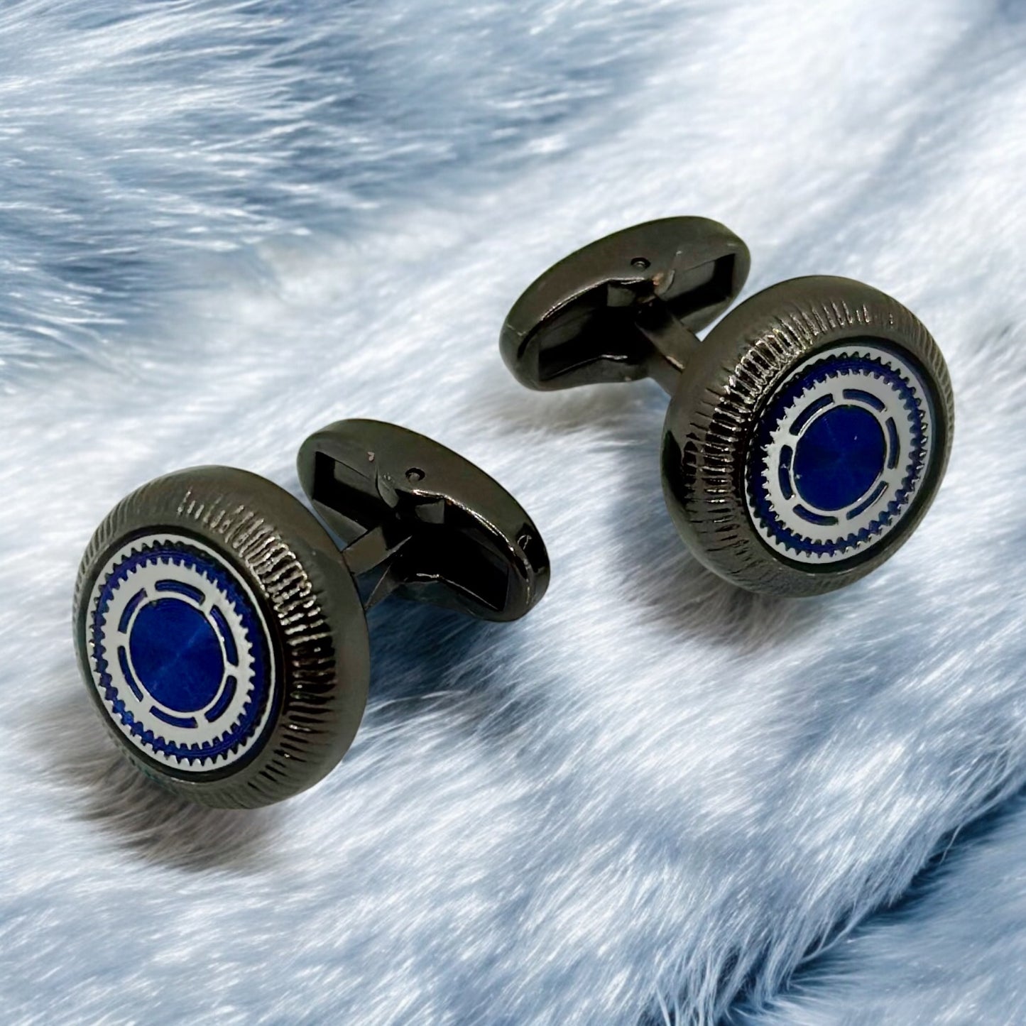 Luxury Round Istanbul Fashion Cufflinks Detailed Black, Silver, and Navy Blue - 22