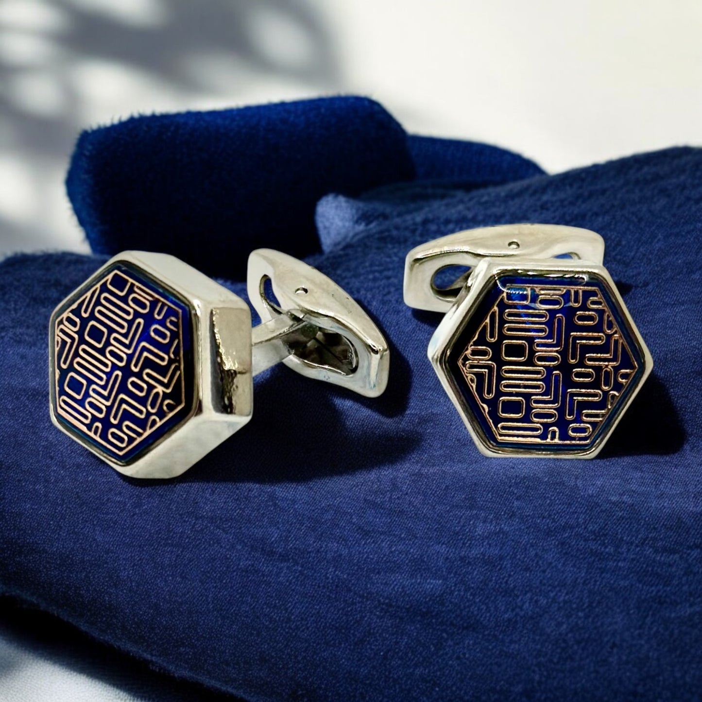 Pentagon Istanbul Fashion Cufflinks - Silver Exterior with Royal Blue and Silver Blend Interior - 5