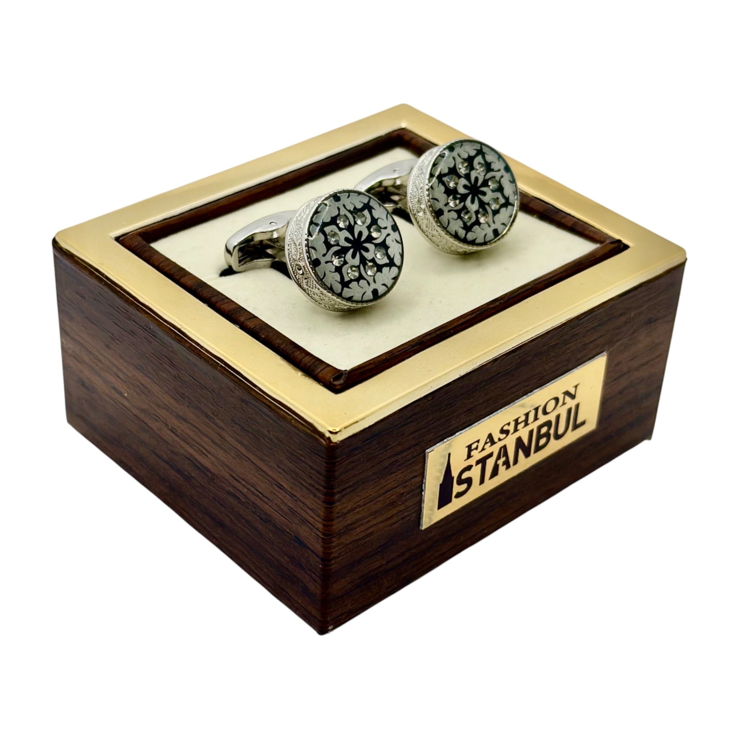 Round Bold Istanbul Fashion Cufflinks - Silver with Black and Dimond Details - 11