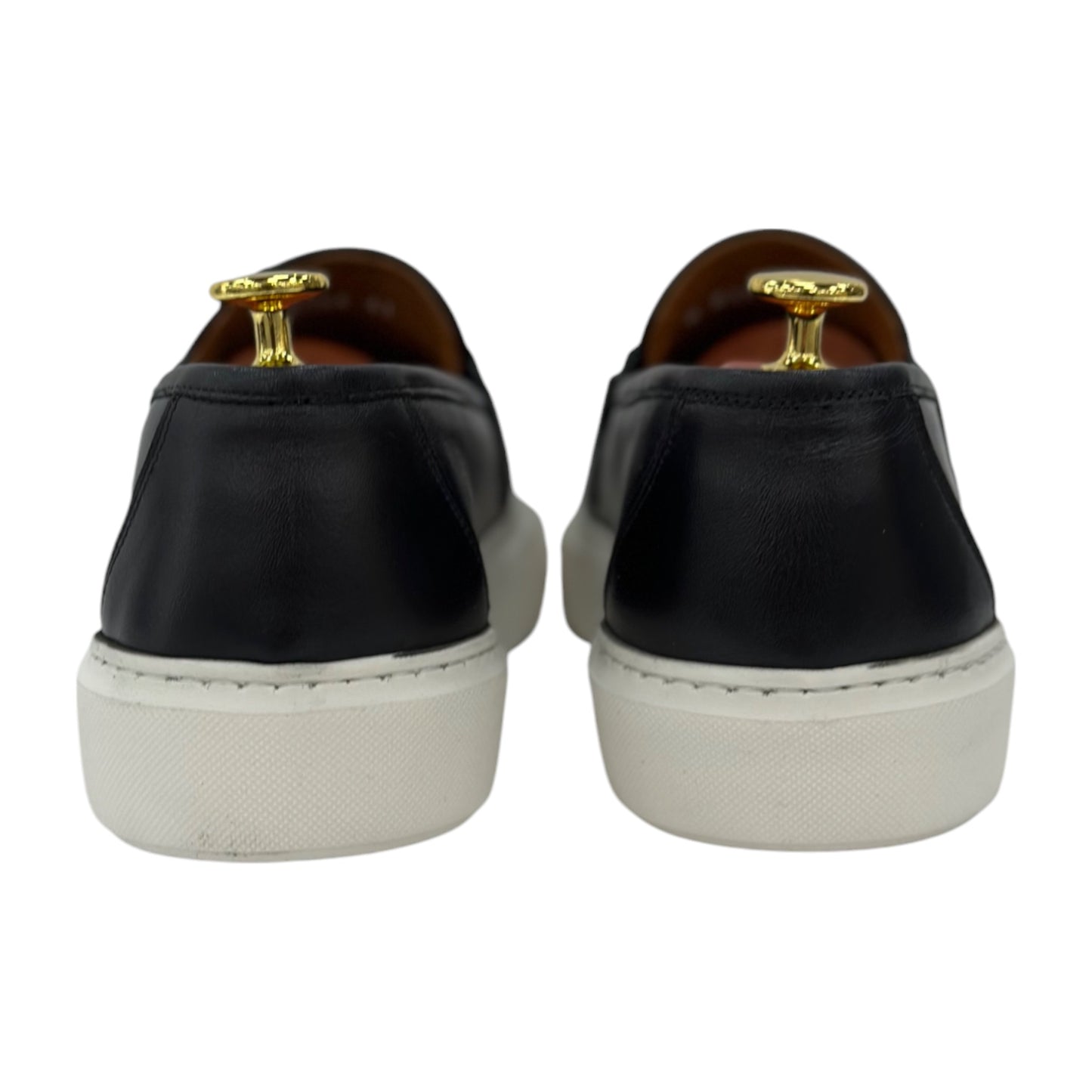 Black Sneakers-Rubber White Bottom-Detailed Chrome Metal Finish Front-134-6354