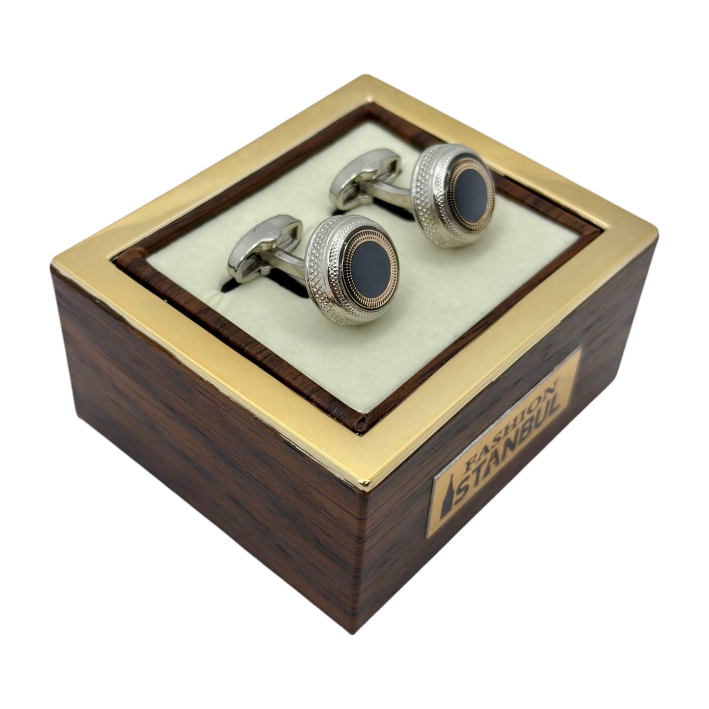 Fashionable Round Istanbul Fashion Cufflinks Detailed with Silver and Black Interior- 24