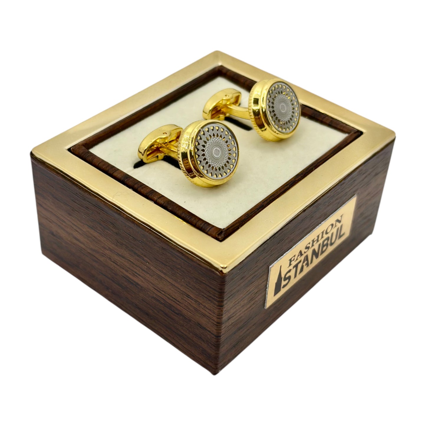 Elegantly Round Istanbul Fashion Cufflinks Detailed Gold with Beige and Silver Interior - 18