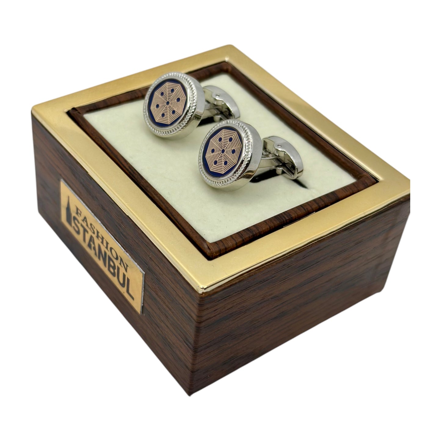 Shiny Round Round Istanbul Fashion Cufflinks with Silver, Blue, and Light Gold - 29