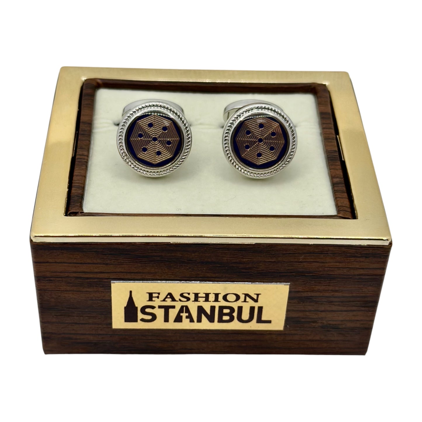 Shiny Round Round Istanbul Fashion Cufflinks with Silver, Blue, and Light Gold - 29