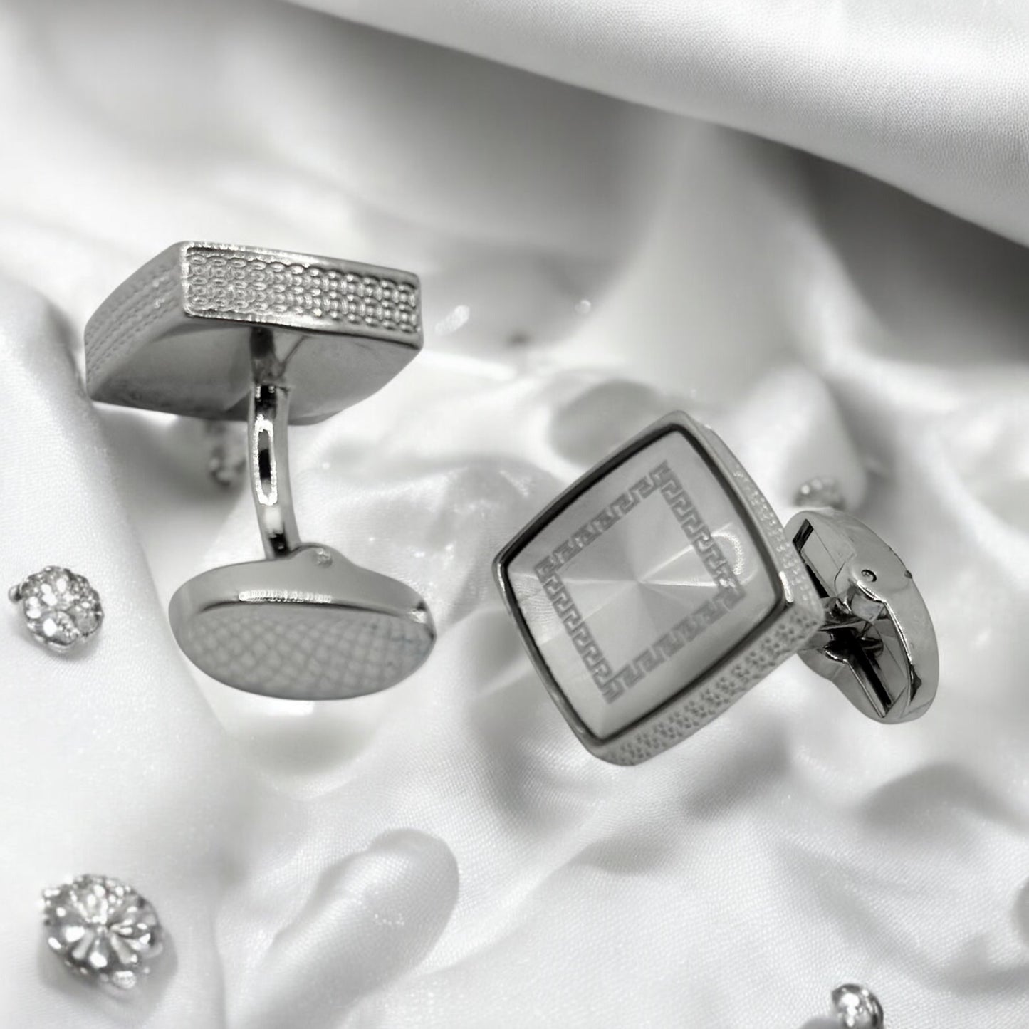 Square Istanbul Fashion Cufflinks - Silver with Crystals Details - 10
