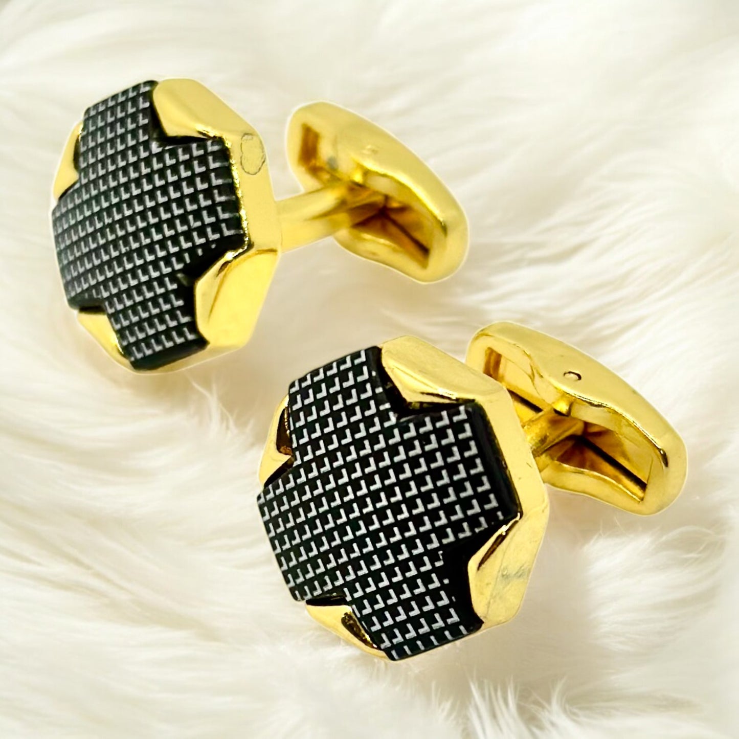 Octagon Crossed Istanbul Fashion Cufflinks - Gold Exterior with Black Details - 3