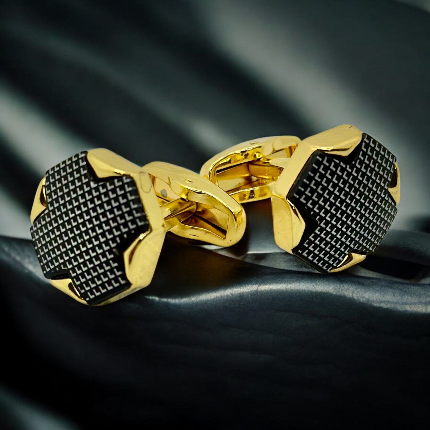 Octagon Crossed Istanbul Fashion Cufflinks - Gold Exterior with Black Details - 3