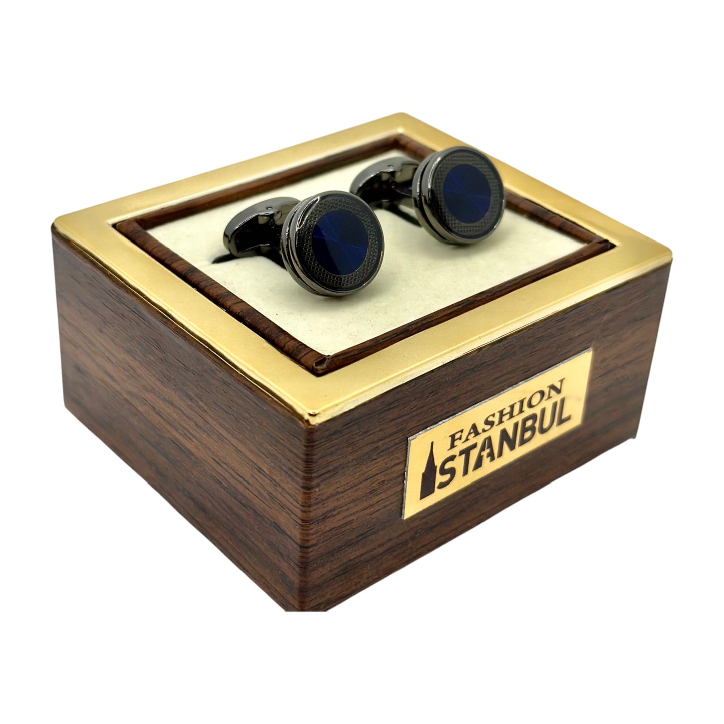 Elegantly Round Istanbul Fashion Cufflinks Detailed with Chrome and Navy Blue Interior - 19