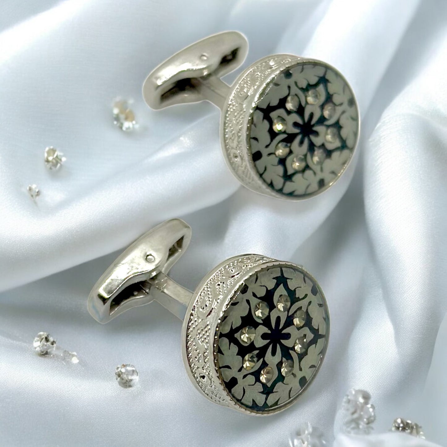 Round Bold Istanbul Fashion Cufflinks - Silver with Black and Dimond Details - 11