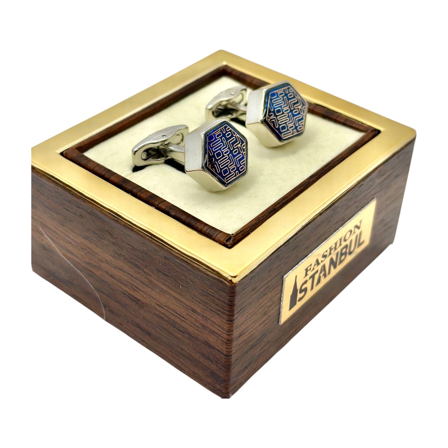 Pentagon Istanbul Fashion Cufflinks - Silver Exterior with Royal Blue and Silver Blend Interior - 5