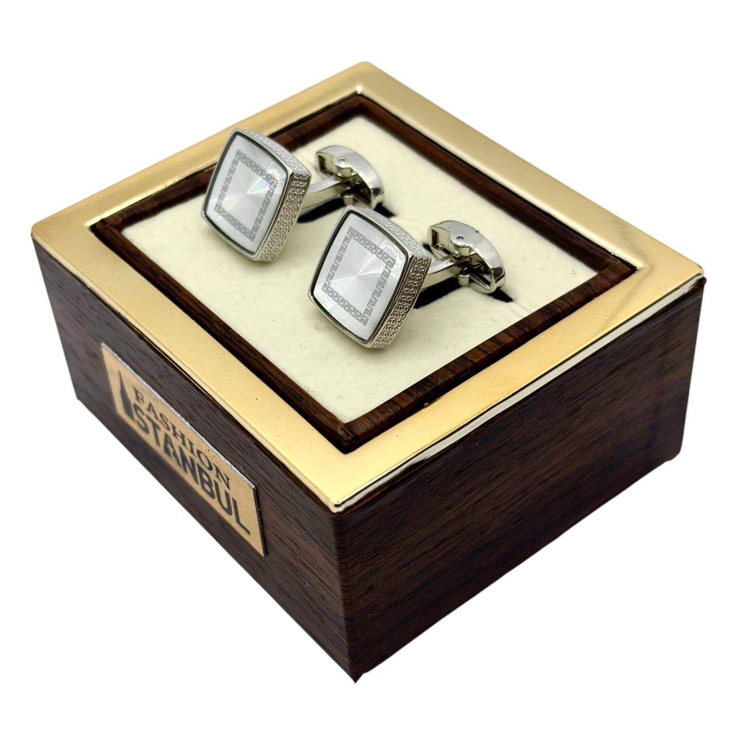 Square Istanbul Fashion Cufflinks - Silver with Crystals Details - 10