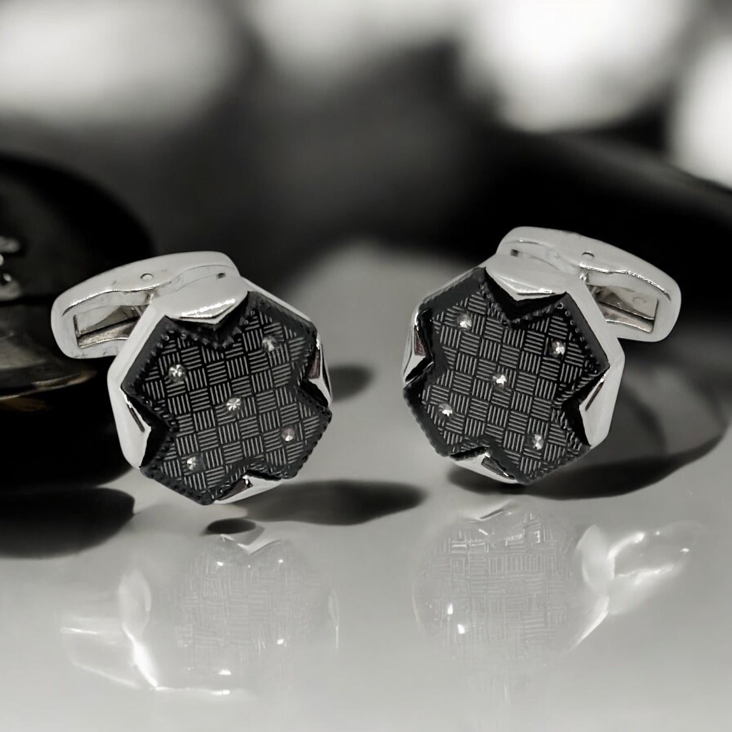 Octagon Crossed Istanbul Fashion Cufflinks - Silver with Black Details -9