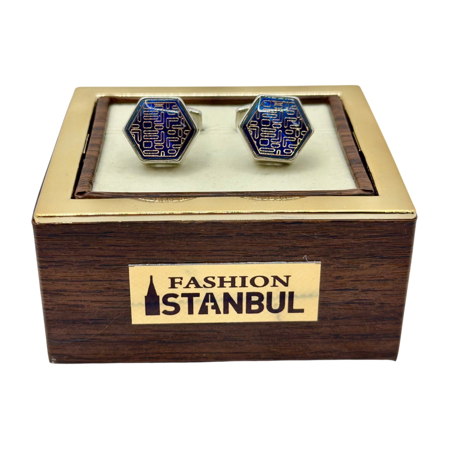Pentagon Istanbul Fashion Cufflinks - Silver Exterior with Royal Blue and Silver Blend Interior - 5