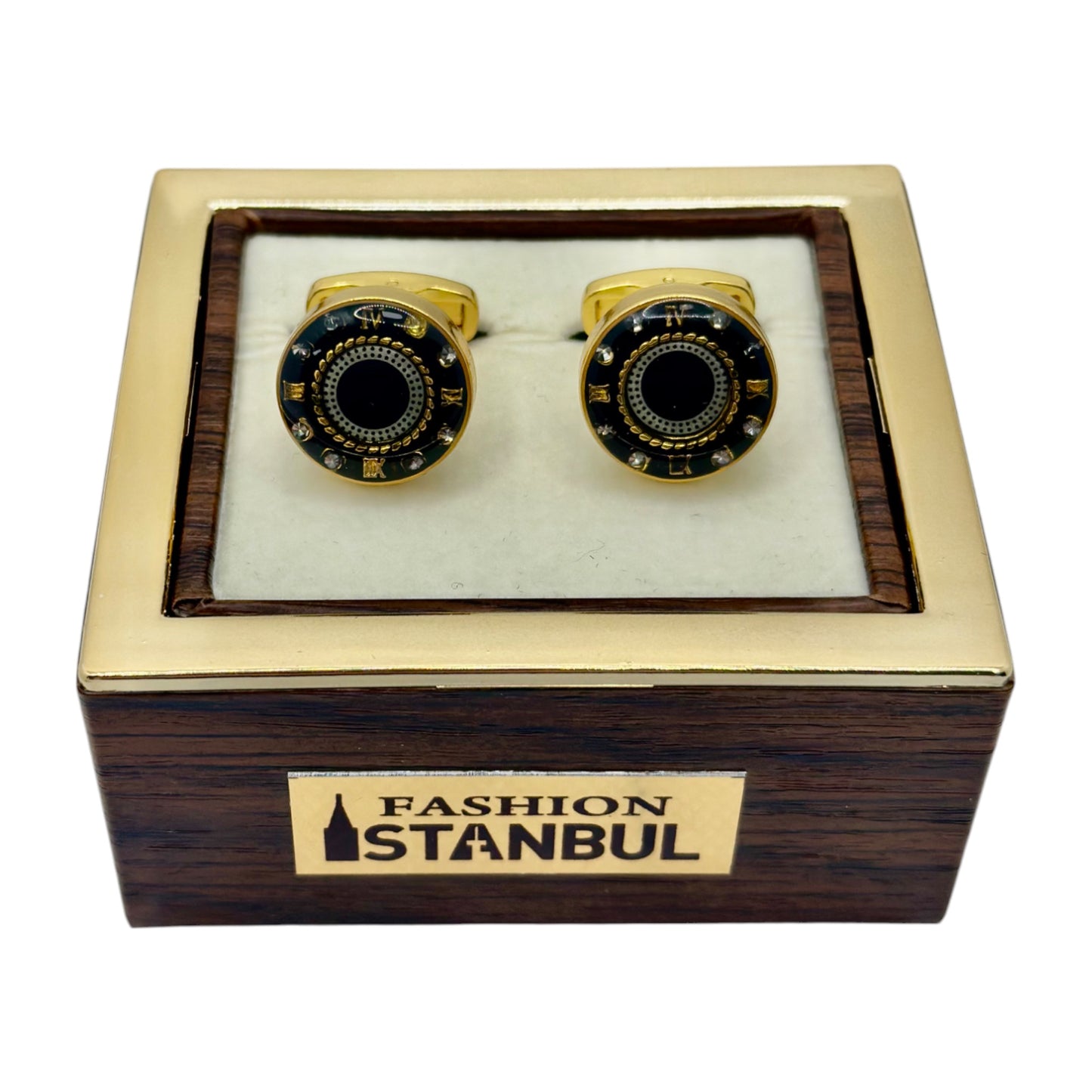 Gold Black Round Round Istanbul Fashion Cufflinks Detailed with Black, Shiny Silver and Gold - 32