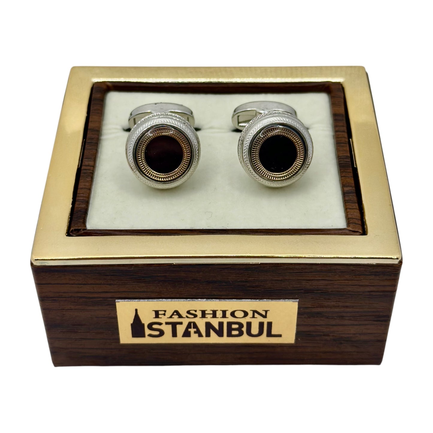 Fashionable Round Istanbul Fashion Cufflinks Detailed with Silver and Black Interior- 24