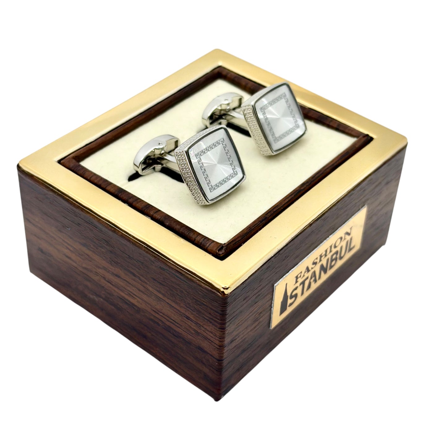 Square Istanbul Fashion Cufflinks - Silver with Crystals Details - 10