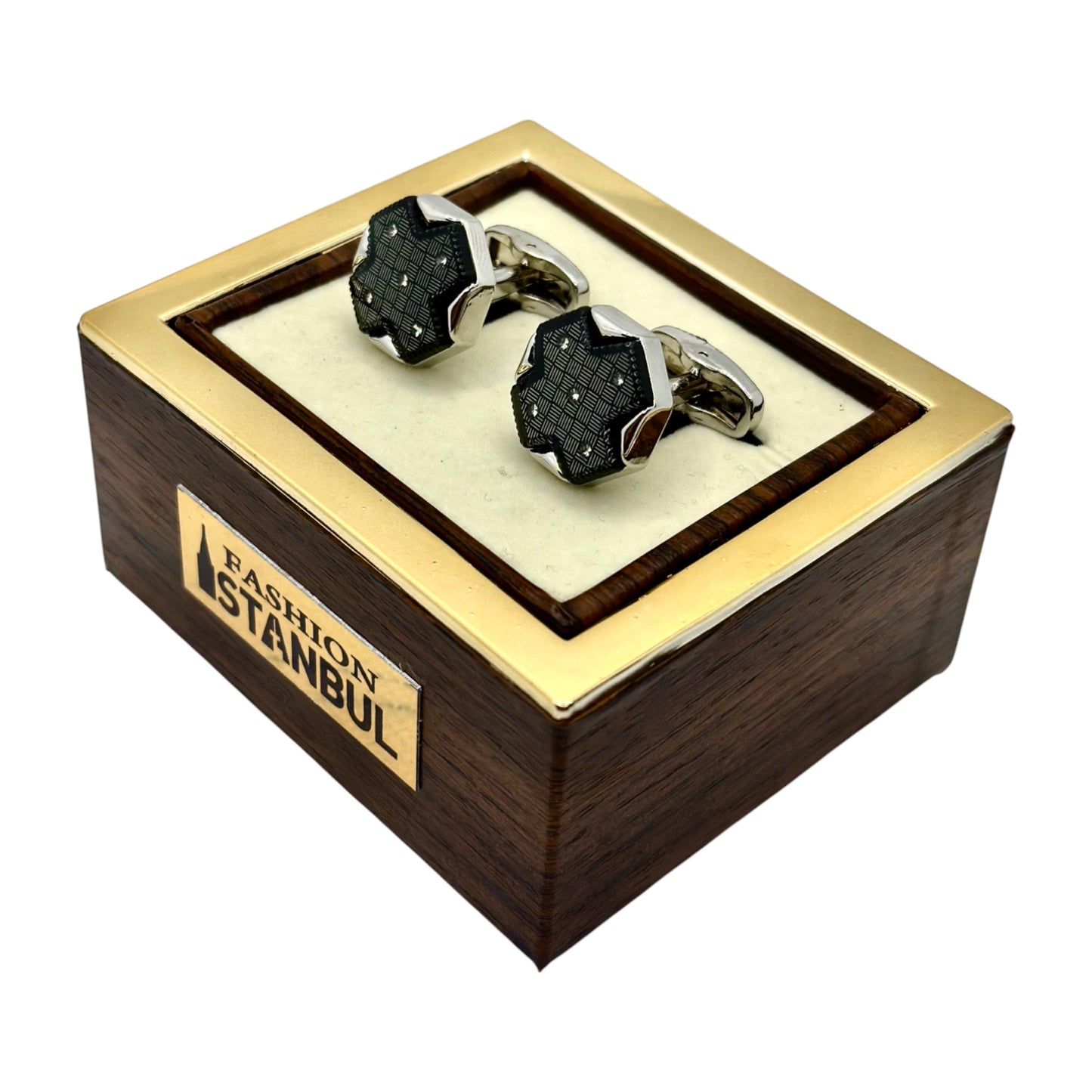 Octagon Crossed Istanbul Fashion Cufflinks - Silver with Black Details -9