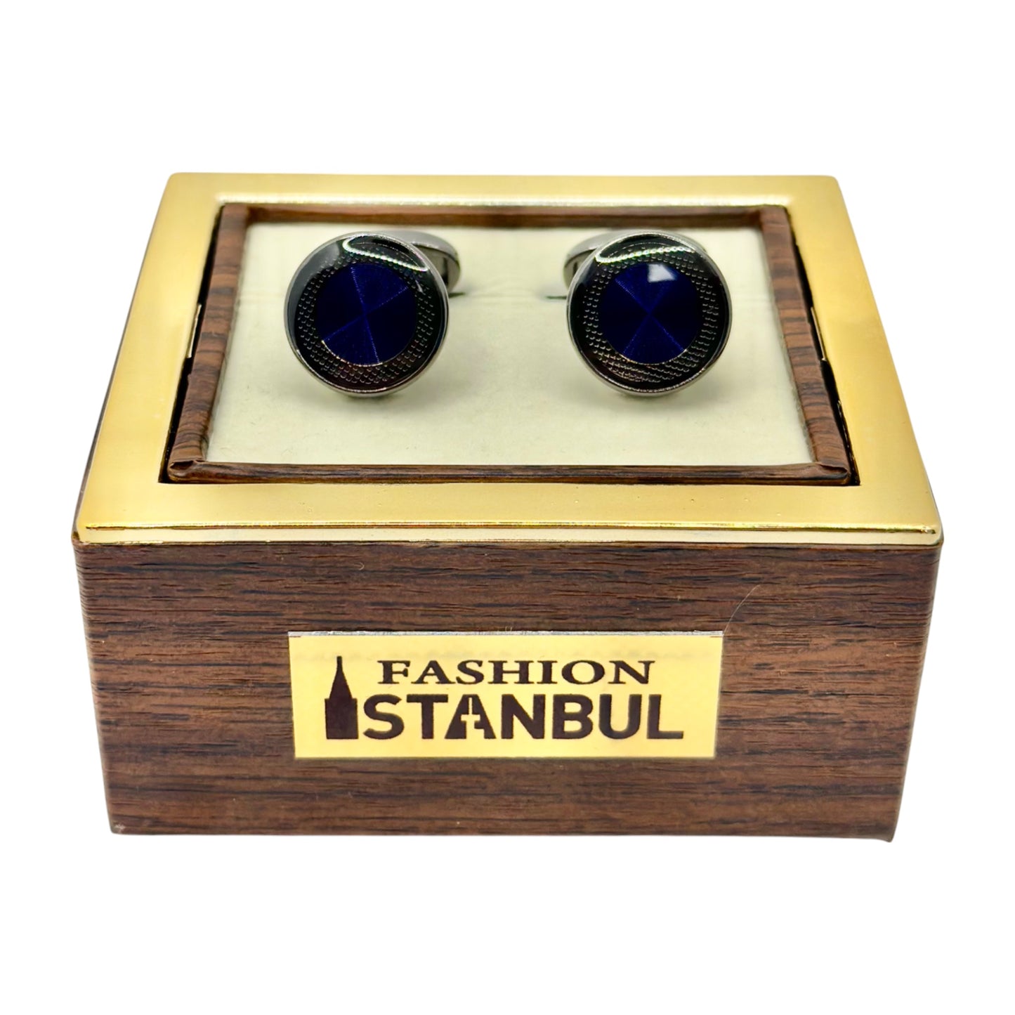 Elegantly Round Istanbul Fashion Cufflinks Detailed with Chrome and Navy Blue Interior - 19