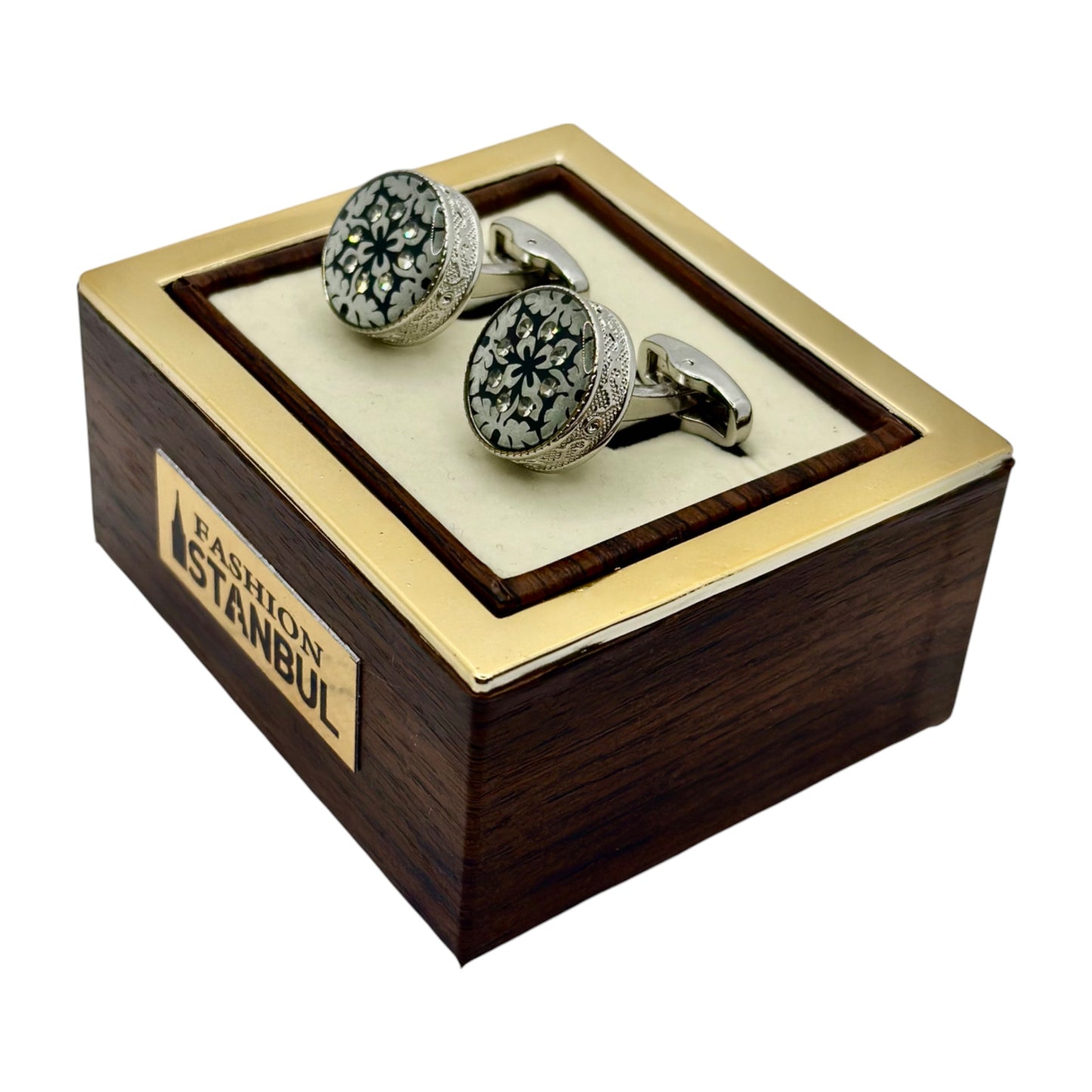 Round Bold Istanbul Fashion Cufflinks - Silver with Black and Dimond Details - 11