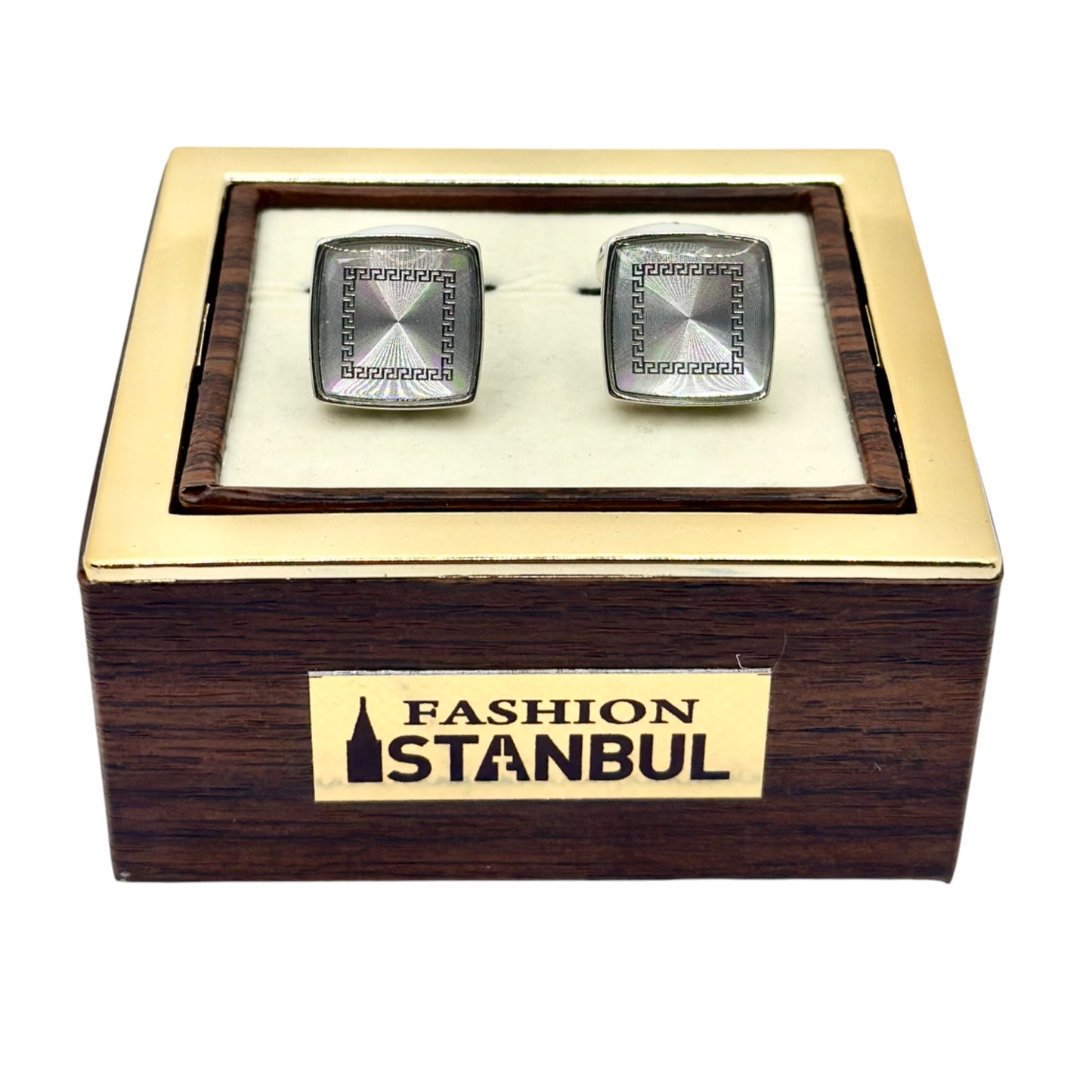 Square Istanbul Fashion Cufflinks - Silver with Crystals Details - 10