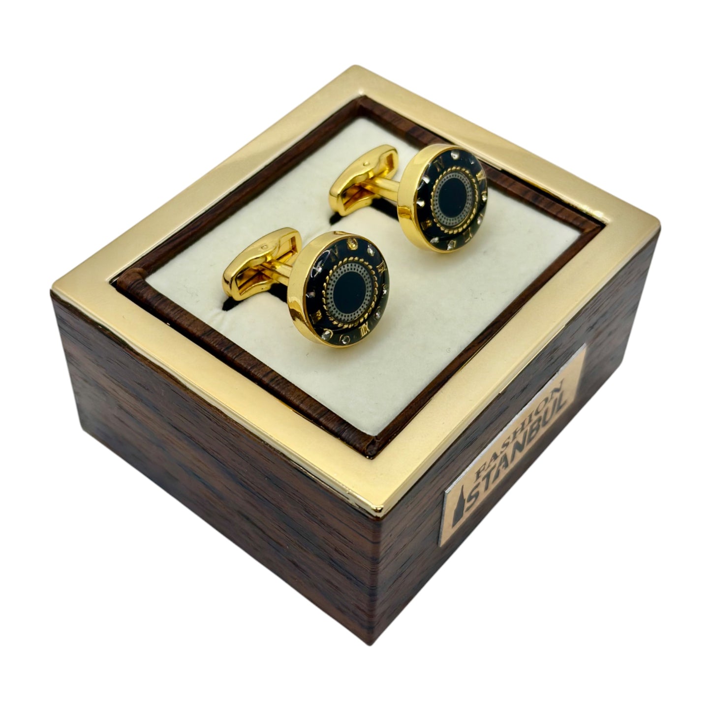 Gold Black Round Round Istanbul Fashion Cufflinks Detailed with Black, Shiny Silver and Gold - 32