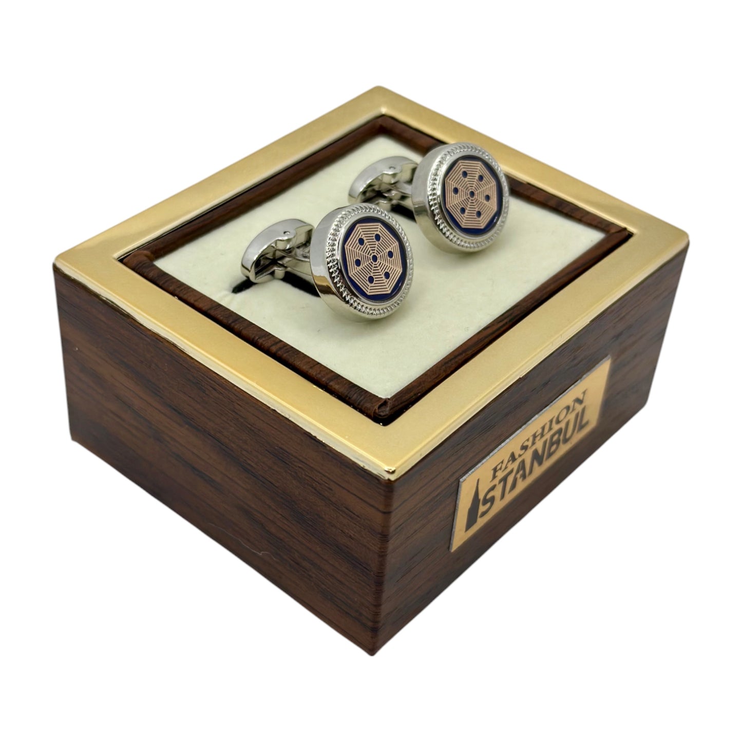 Shiny Round Round Istanbul Fashion Cufflinks with Silver, Blue, and Light Gold - 29