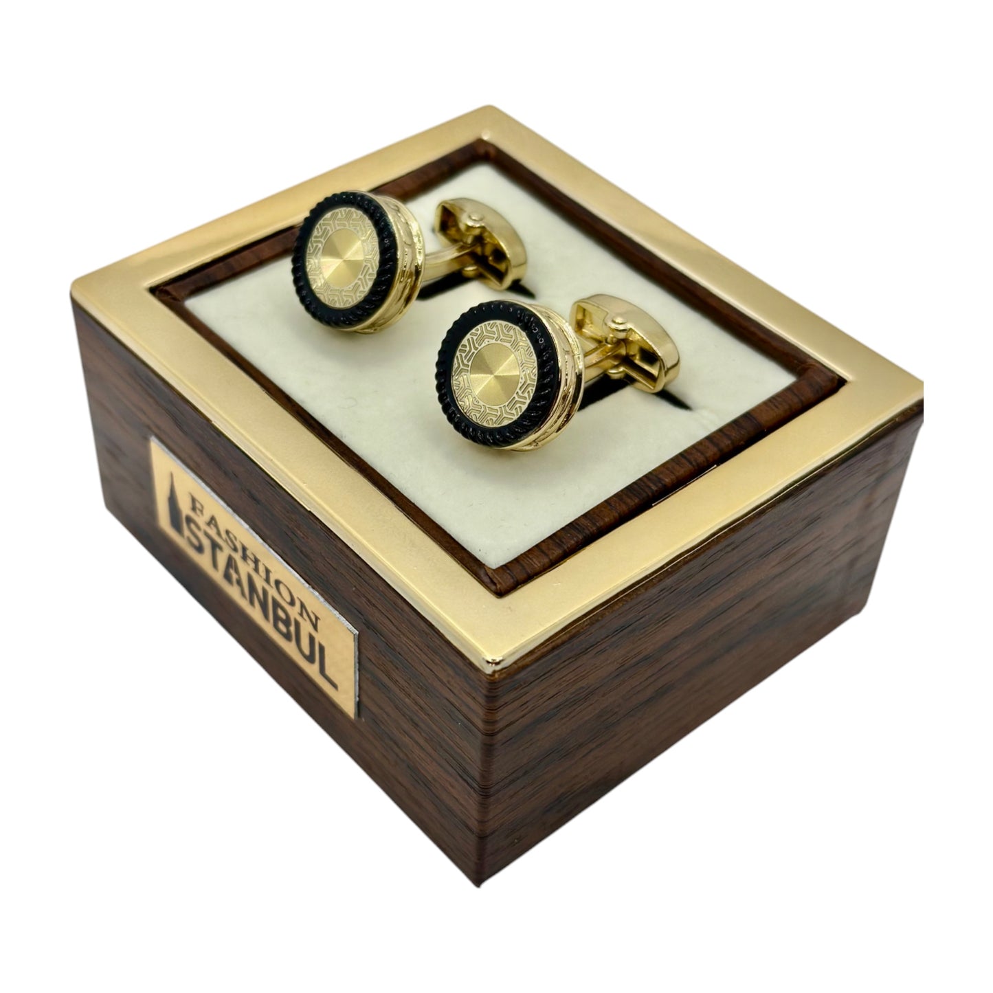 Fashionable Round Istanbul Fashion Cufflinks Detailed Gold and Black Interior- 23