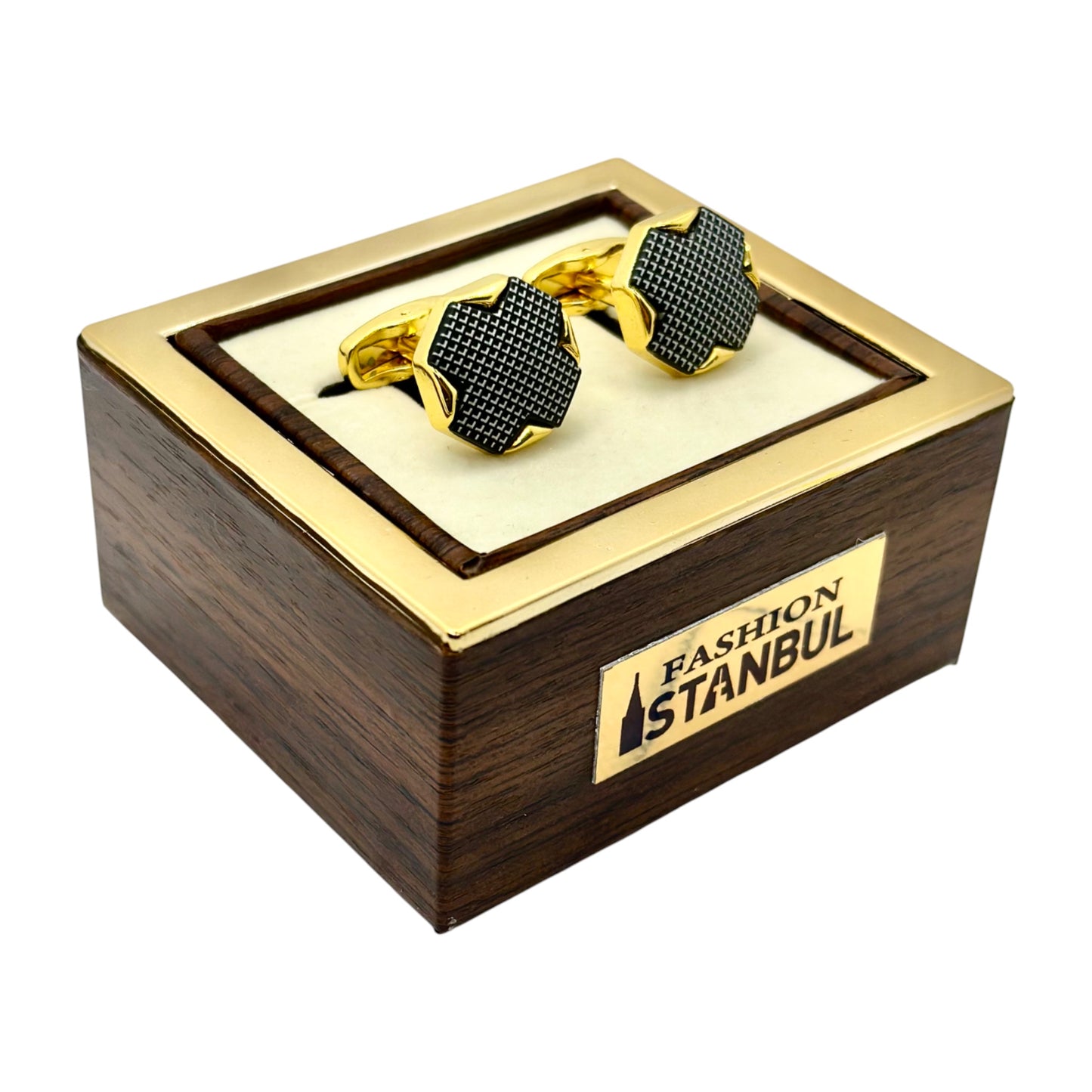 Octagon Crossed Istanbul Fashion Cufflinks - Gold Exterior with Black Details - 3