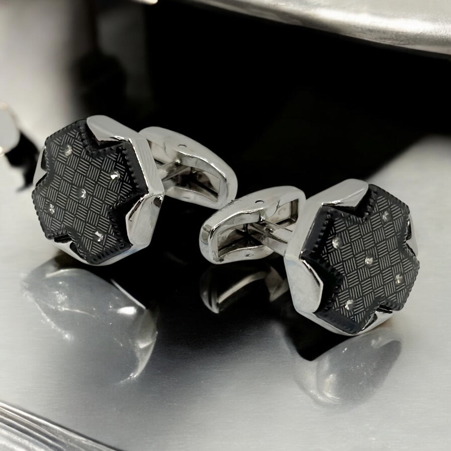 Octagon Crossed Istanbul Fashion Cufflinks - Silver with Black Details -9