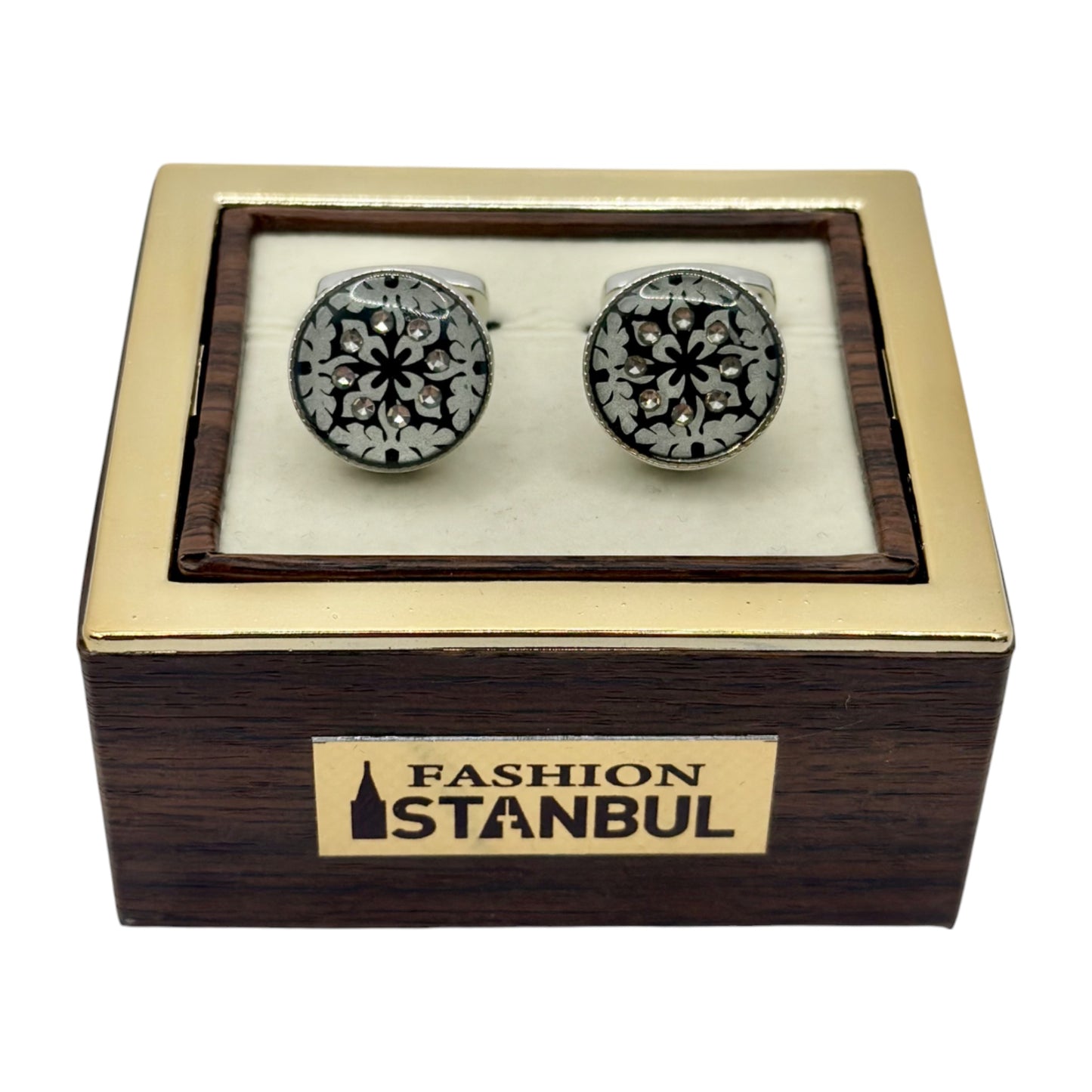 Round Bold Istanbul Fashion Cufflinks - Silver with Black and Dimond Details - 11