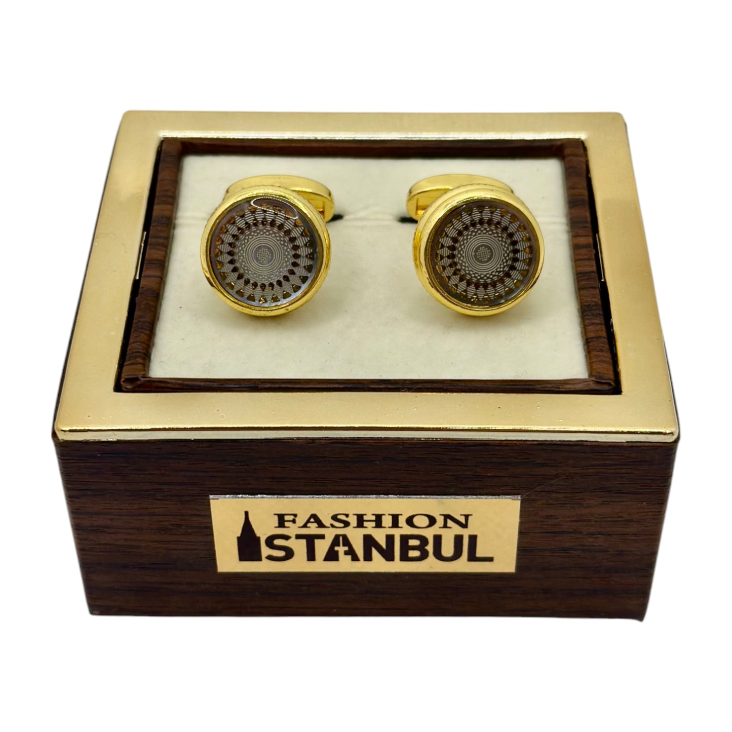 Elegantly Round Istanbul Fashion Cufflinks Detailed Gold with Beige and Silver Interior - 18