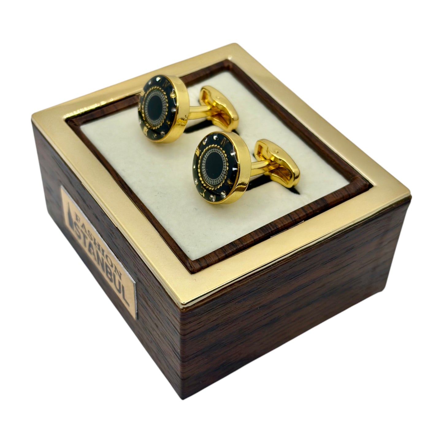 Gold Black Round Round Istanbul Fashion Cufflinks Detailed with Black, Shiny Silver and Gold - 32