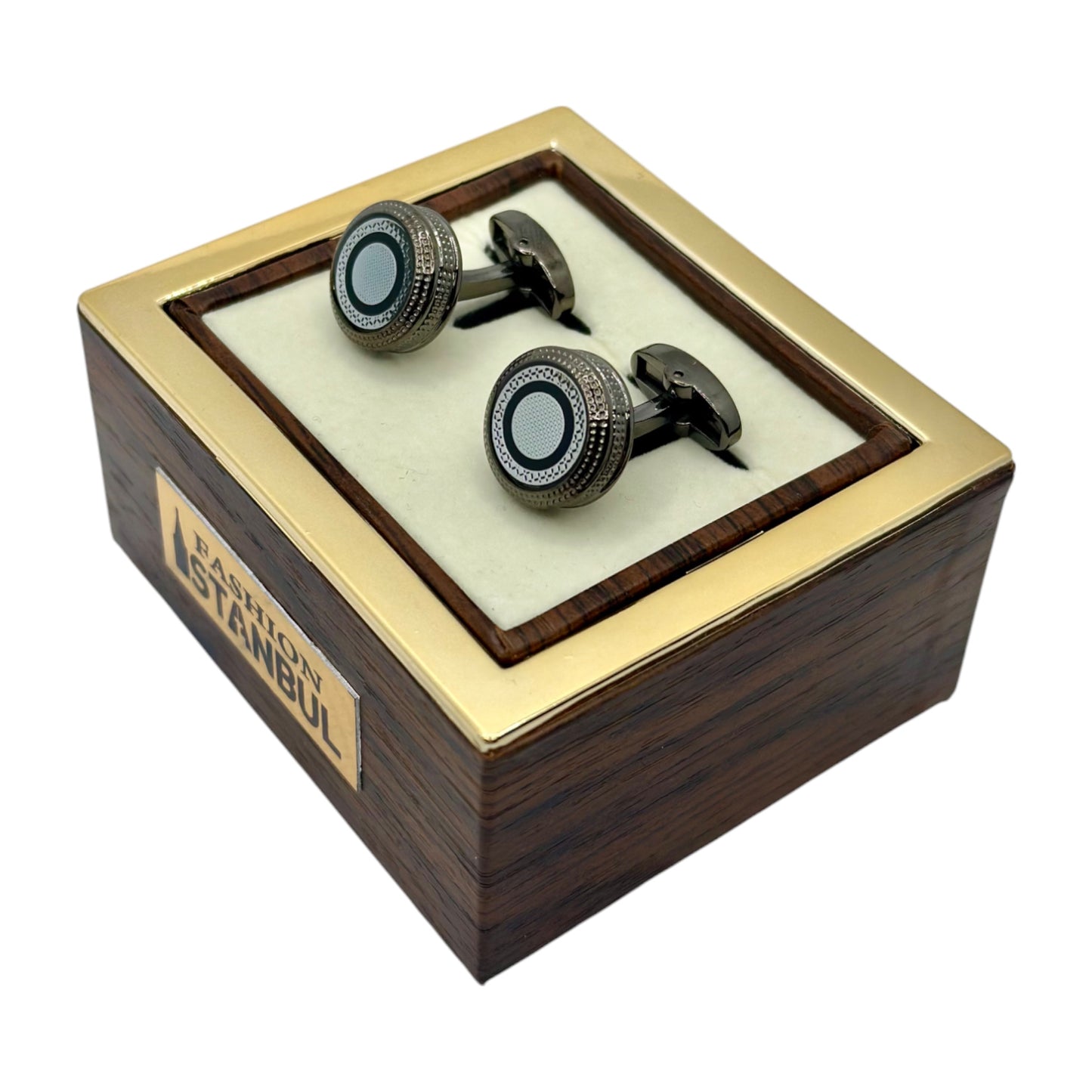 Glossy Black Round Round Istanbul Fashion Cufflinks Detailed with Black and Shiny Silver - 31
