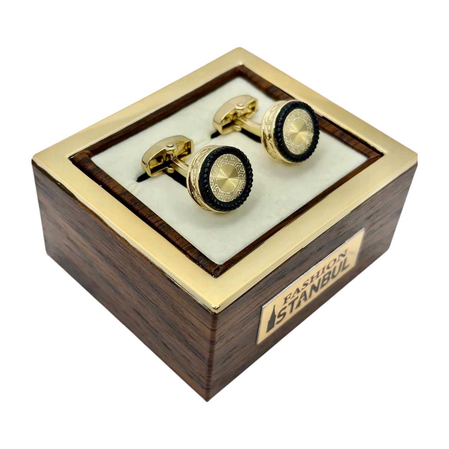 Fashionable Round Istanbul Fashion Cufflinks Detailed Gold and Black Interior- 23