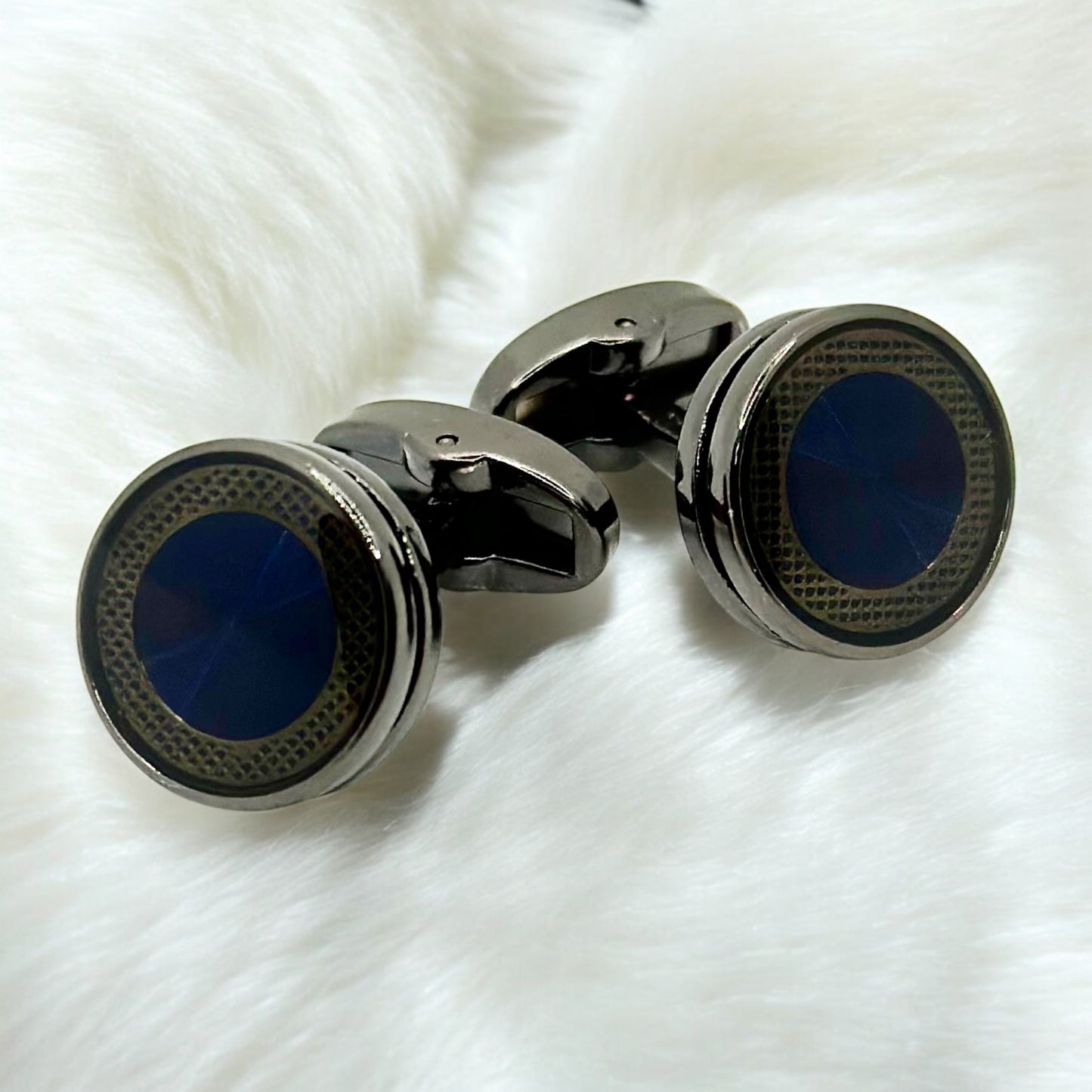 Elegantly Round Istanbul Fashion Cufflinks Detailed with Chrome and Navy Blue Interior - 19