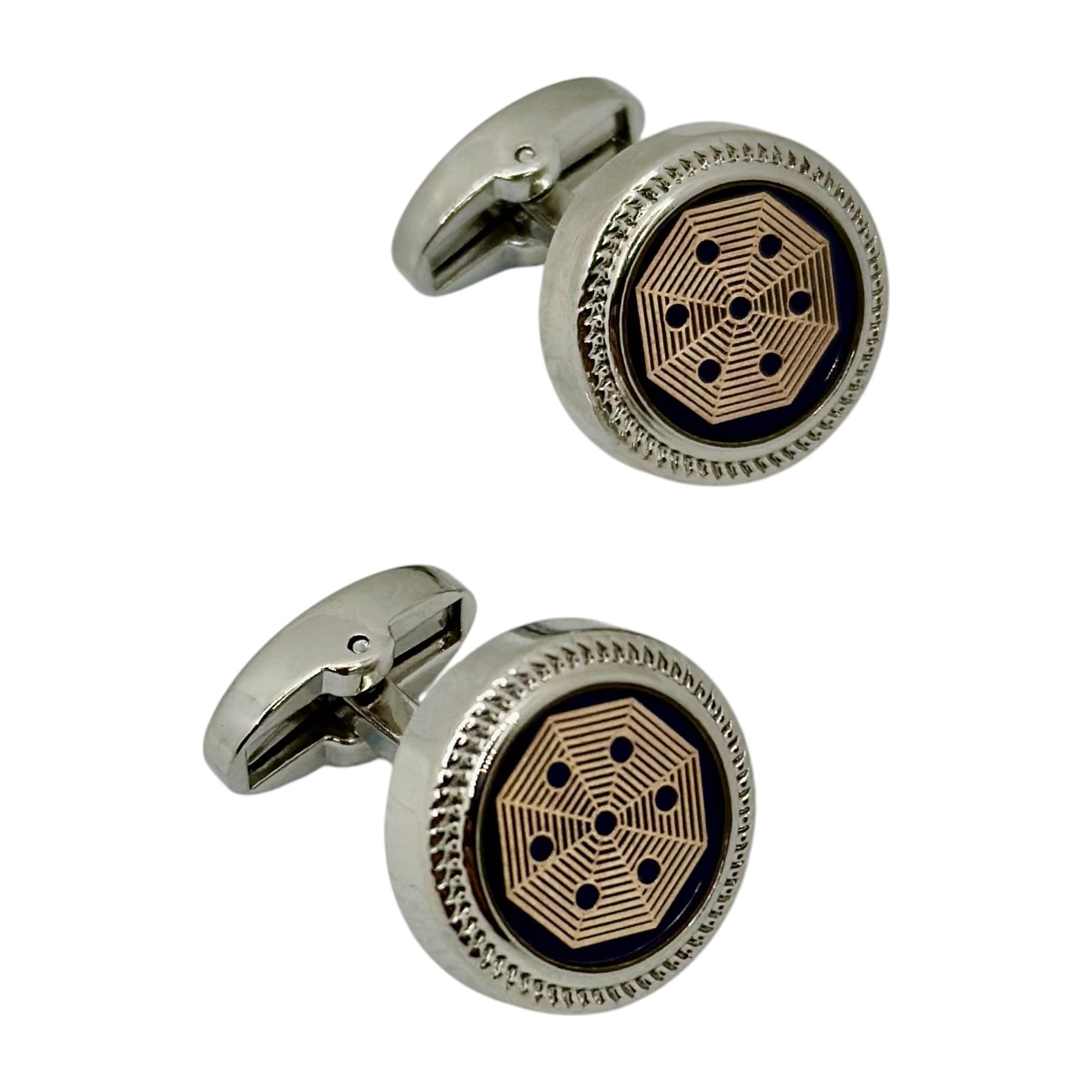 Shiny Round Round Istanbul Fashion Cufflinks with Silver, Blue, and Light Gold - 29