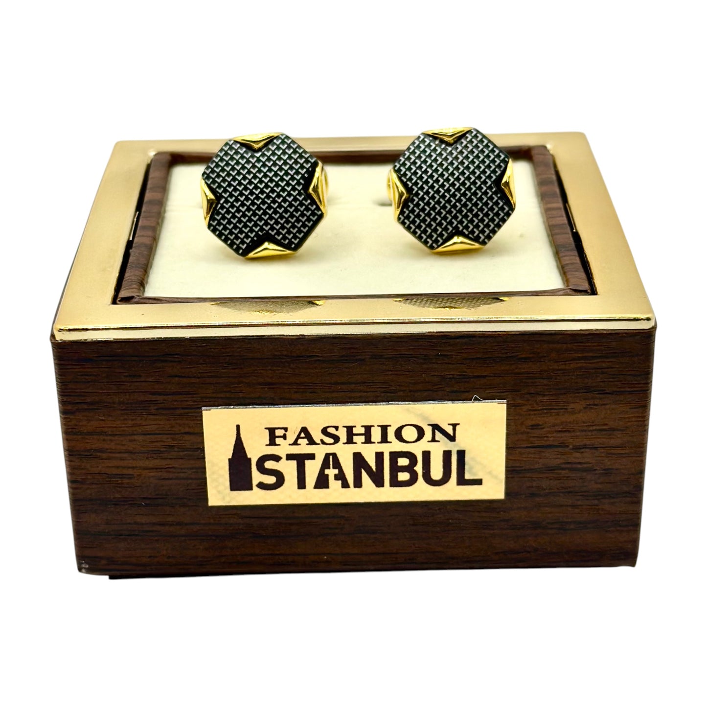 Octagon Crossed Istanbul Fashion Cufflinks - Gold Exterior with Black Details - 3