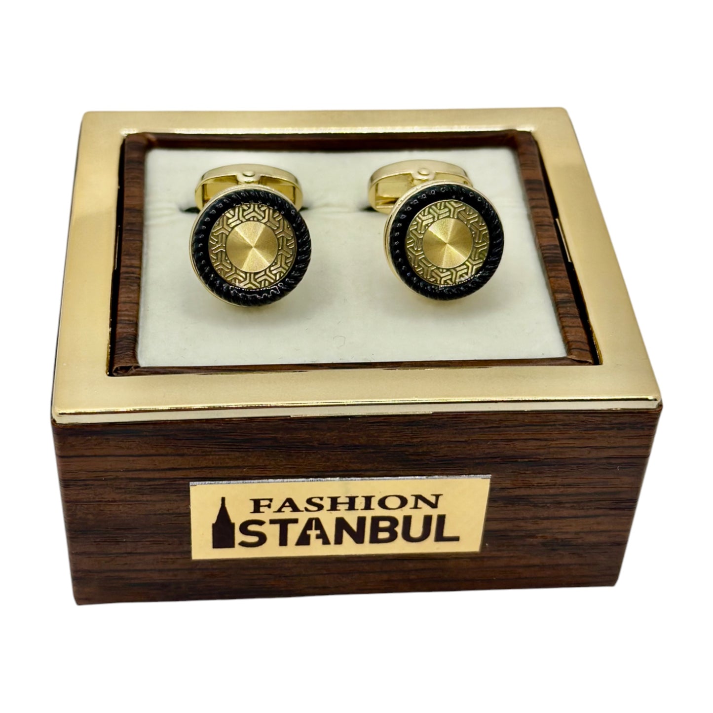 Fashionable Round Istanbul Fashion Cufflinks Detailed Gold and Black Interior- 23