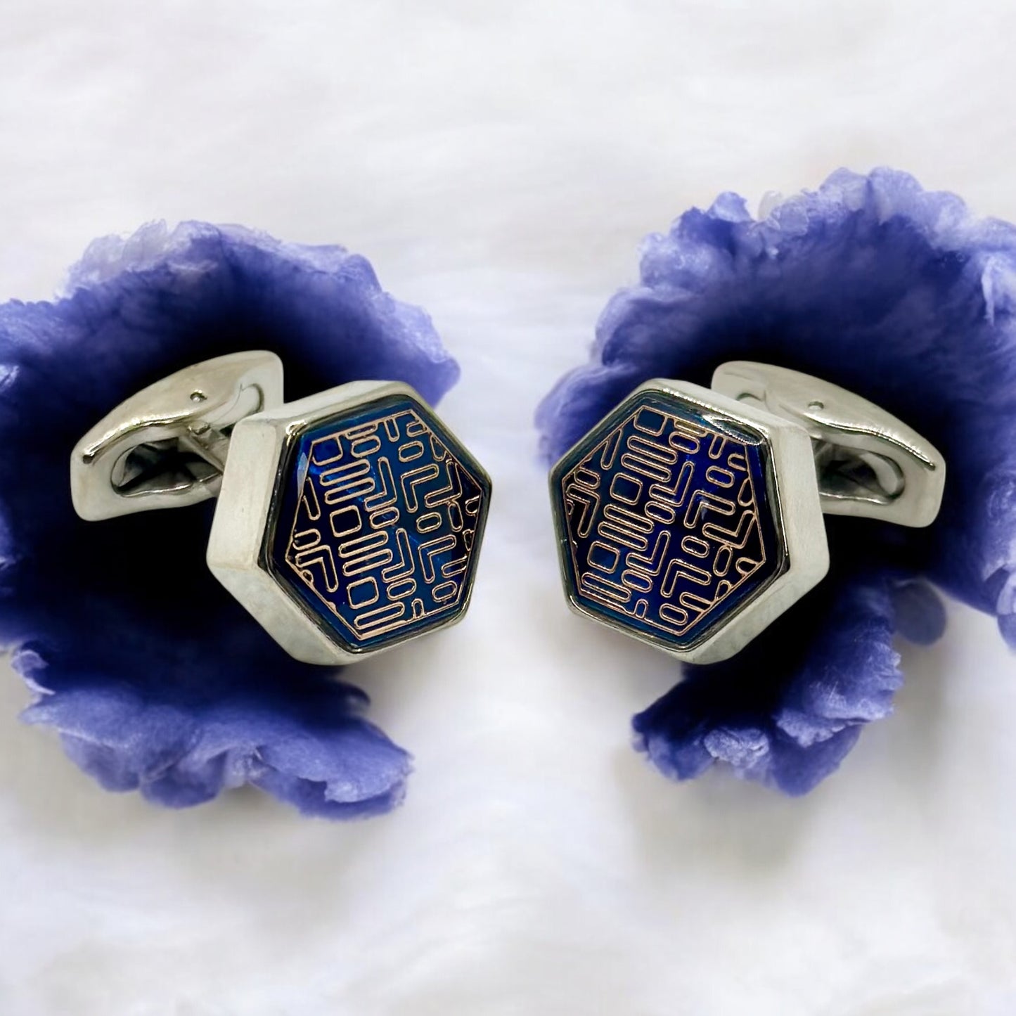 Pentagon Istanbul Fashion Cufflinks - Silver Exterior with Royal Blue and Silver Blend Interior - 5