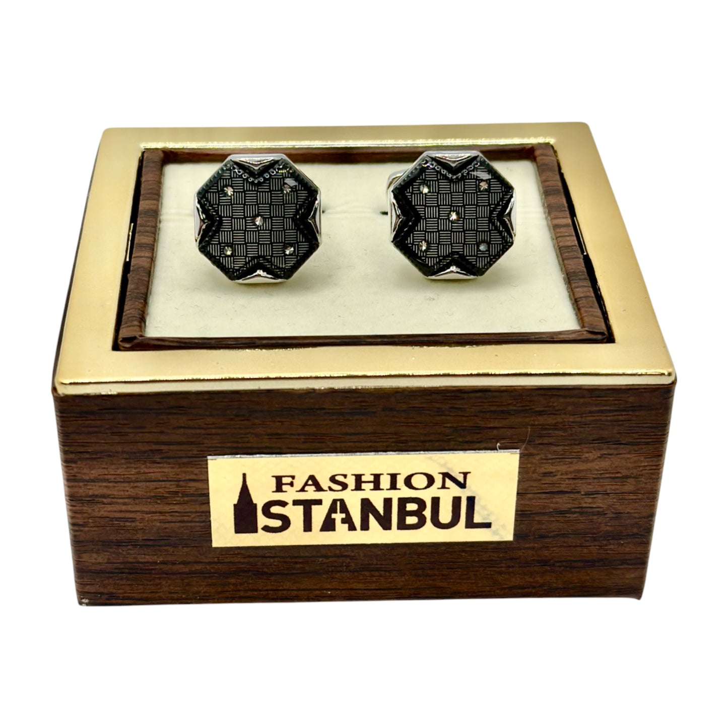 Octagon Crossed Istanbul Fashion Cufflinks - Silver with Black Details -9