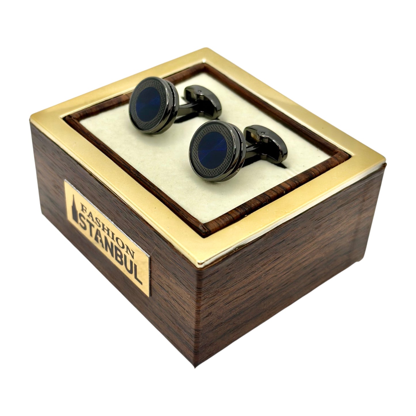 Elegantly Round Istanbul Fashion Cufflinks Detailed with Chrome and Navy Blue Interior - 19