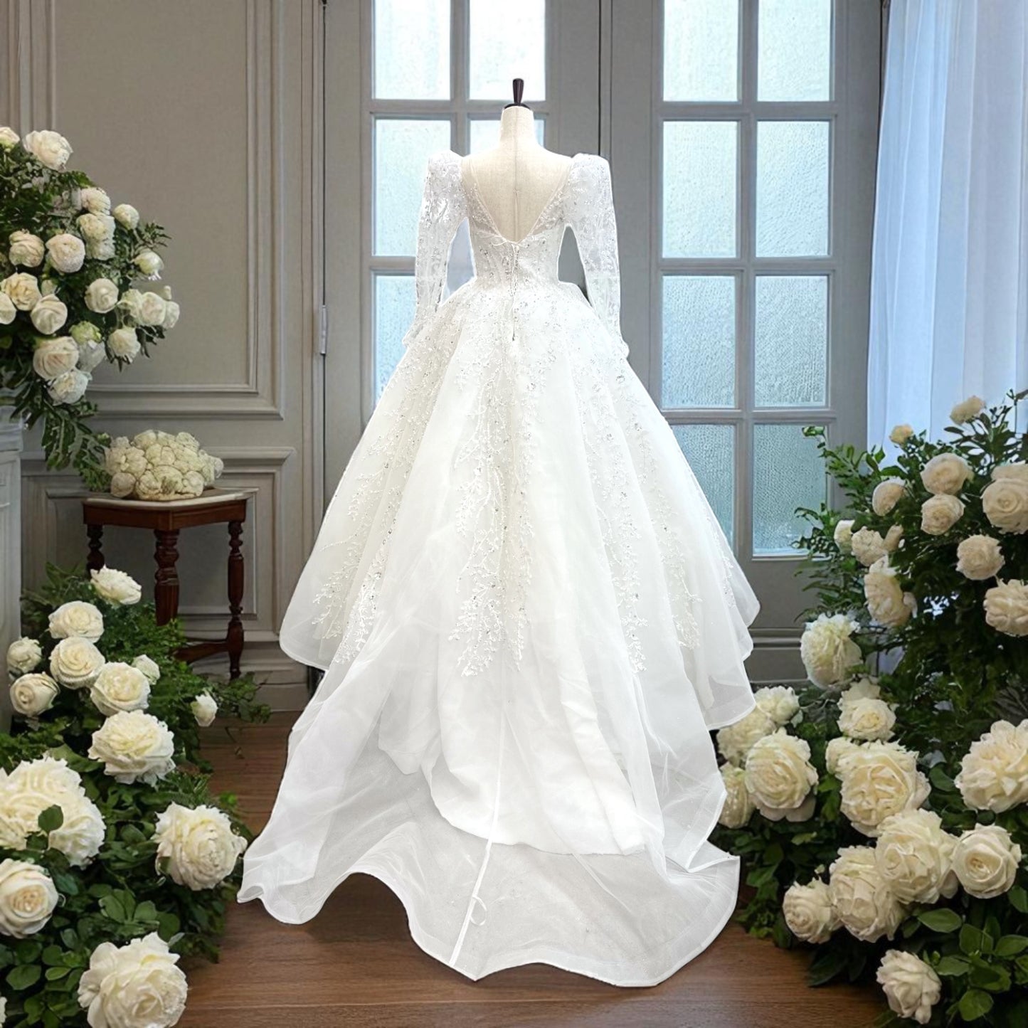 Princess Ball Gown Style - Wedding Gown - Creamy White -Long Sleeves Detailed with Sequins
