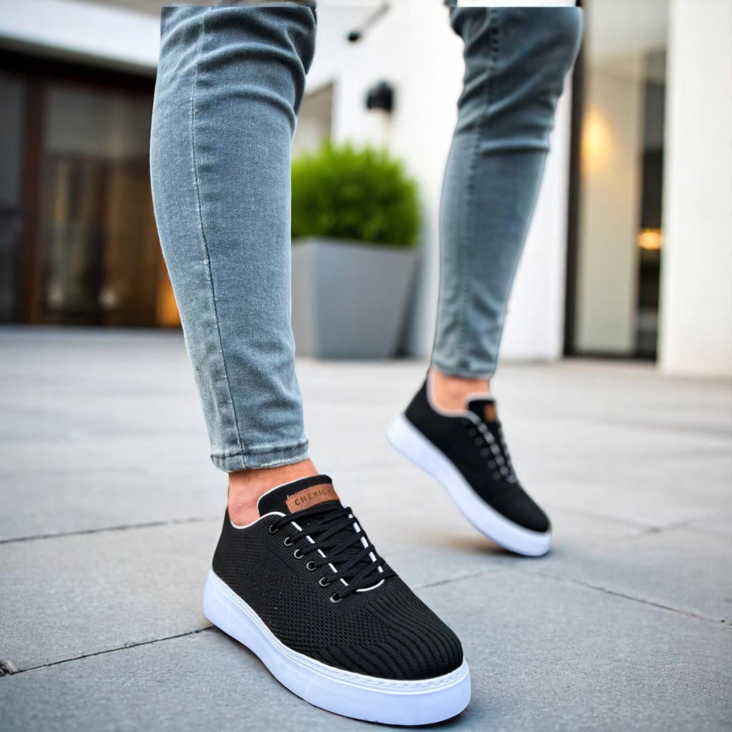 Modern Detailed Black Lace Sneakers with White Rubber Bottom - Casual Fit Shoes - B/W-413