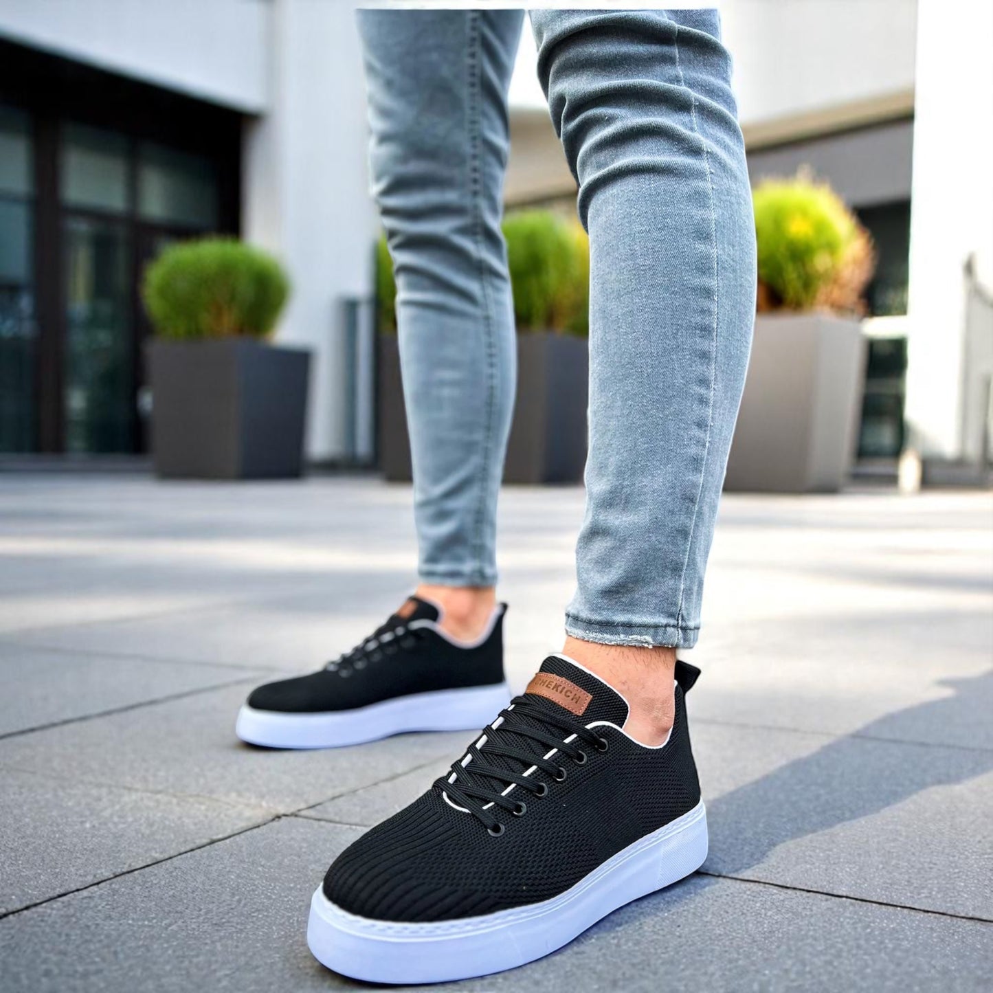 Modern Detailed Black Lace Sneakers with White Rubber Bottom - Casual Fit Shoes - B/W-413